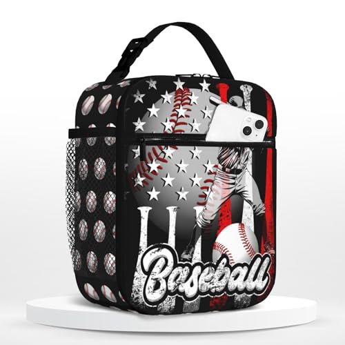 Kids Lunch Box For School Insulated Baseball Lunchbox Reusable Portable Sports Ball American Flag Lunch Bag With Adjustable Shoulder Strap For Boys Girls School Picnic Hiking Work - color: baseball