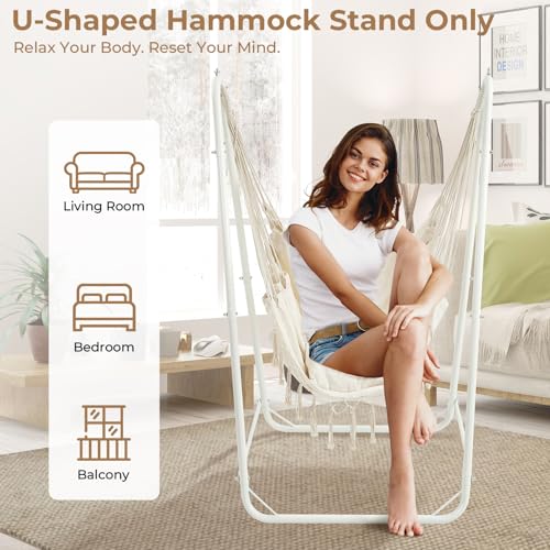 Hammock Stand for Multiple Hammock, Heavy-Duty Steel Hanging Chair Stand for Indoor & Outdoor, Solid Support & Stable Base, 220 lbs Capacity, Easy Assembly, U-Shaped Stand Only - White - color: White, size: Stand Only