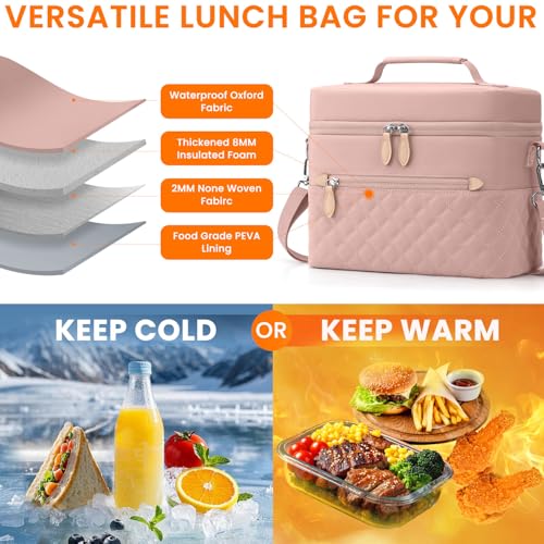 Tenot Insulated Lunch Box for Women Reusable, Leak Proof Cooler Lunch Bag Women for Work Stylish Quilted Lunch Tote Bag for Adult Picnic Travel Hiking Pink - color: Pink