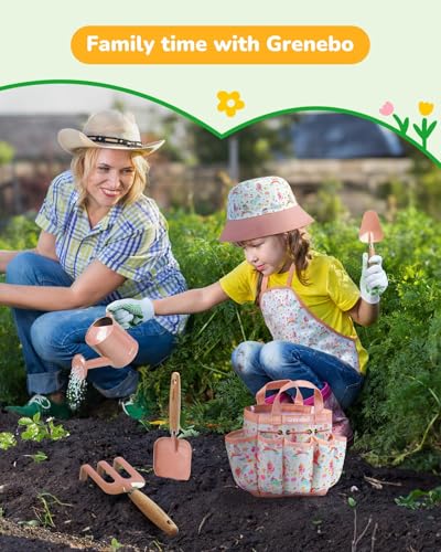 Grenebo Kids Gardening Set Toys, Quality Garden Tool Kit for Kids and Toddlers, Includes Two Shovels, Garden hat,Rake, Apron,Gloves, Watering Can, and Tool Bag (Pink) - color: C-pink
