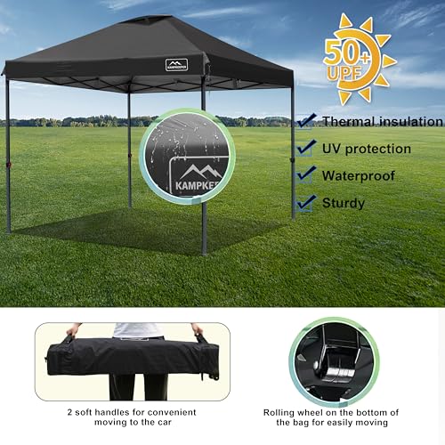 KAMPKEEPER One Person Setup 10x10 Pop up Canopy Tent, Instant Portable Canopy, One Push Outdoor Canopy with 3 Adjustable Heights, Wheeled Carry Bag, Bonus 8 Stakes(Black, 10x10FT with one Push) - color: Black, size: 10x10FT with one push