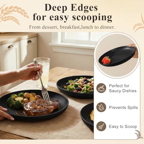 Dinner Plates 9 Inch, Wheat Straw Plates Set of 8, Alternatives to Plastic Plates Rusable, Unbreakable Serving Dishes, Microwave Safe Salad Plates for Breakfast, Lunch, Dinner - Black - color: Black, size: 9 inch