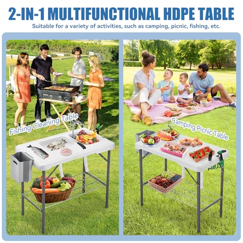 Folding Fish Cleaning Table Portable Camping Double Sinks Table w/2 Dual Water Basins, Faucet Drainage Hose & Sprayer Outdoor Fish Fillet Cleaning Station w/Knife, Storage Box,Black | Portable, Camping, 2 Dual Water Basins, Faucet, Drainage Hose, Sprayer