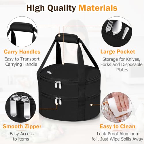 Round Double Insulated Casserole Carrier – 12" Portable Pie Carrier Bag for Hot or Cold Food, Leakproof Thermal Lunch Tote with Handle for Parties Picnic & Travel - Black - color: Black, size: Double