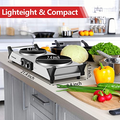 Hot Plate, Techwood 1800W Portable Electric Stove for Cooking Countertop Dual Burners with Adjustable Temperature & Handles, 7.5” Cooktop for Home/RV/Camp, Compatible for All Cookwares, Silver - color: Silver, size: Double Burner