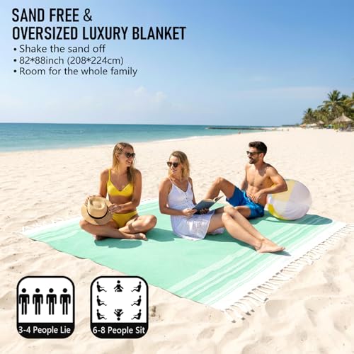 Yongoes Oversized Turkish Beach Towel Blanket Cotton Giant XL Sandproof Towels Huge Linen XXL Extra Large Big Throw Quilt Blankets for Adults Cloud Travel Camping Glamping Accessories Essentials - color: Green, size: Extra Large 82"x88"（208x224cm）