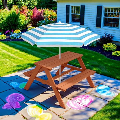 Best Choice Products Wooden Kids Picnic Table with Umbrella, Outdoor Activity Table Set with Built-in Benches, 220 lb Capacity per Bench - Golden Brown/Aqua - color: Golden Brown/Aqua