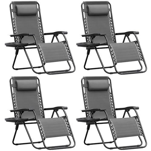 Homall Zero Gravity Chair Patio Folding Lawn Outdoor Lounge Gravity Camp Reclining Lounge Chair with Cup Holder Pillows for Poolside Backyard and Beach Set of 4 (Grey) - color: Grey, size: 4 PCS