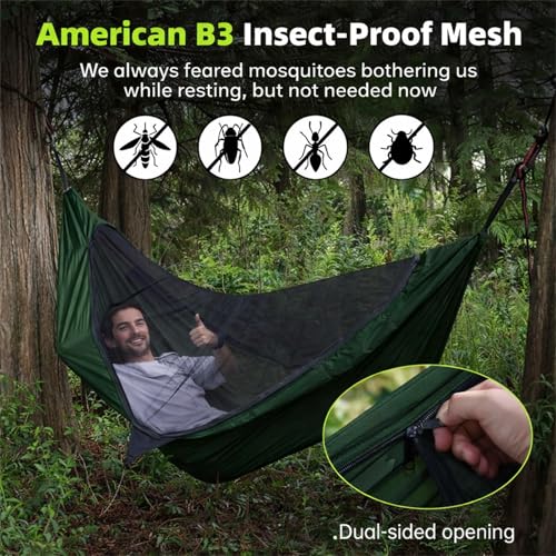 Camping Hammock with Mosquito Net, 2 Person Hammock Bug Net, Portable, Parachute Nylon for Outdoor, Camping, Hiking, Backpacking, Backyard, Beach, Travel (Hold Up to 500lbs) (Forest Green) - color: Forest Green