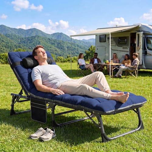 ABORON 3-in-1 Folding Patio Lounge Chair, 440LB Heavy-Duty Tri-Fold Guest Bed with Plush Cotton Cushion, No Assembly Adjustable Recliner for Office Nap, Patio Sunbathing, Poolside & Camping - color: Warm Copenhagen