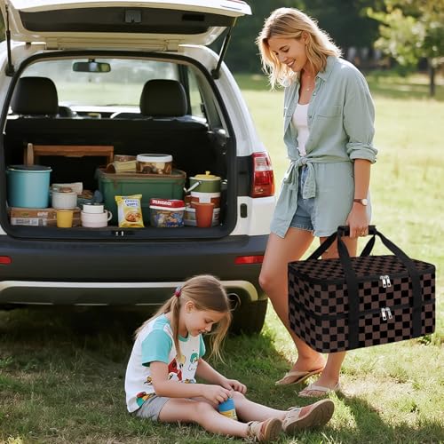 Coobiiya Insulated Casserole Carrier,Lasagna Lugger Tote Keeps Food Hot or Cold,Thermal Lunch Bag Warmer & Cooler Carrier Bag,Portable Tote Bag Fits 9" x 13" Baking Dish for Picnic and Cookout - color: Brown Grid, size: Double Layer: 15.75 × 11.8 × 7.87 i