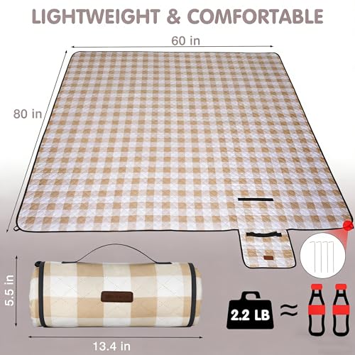 HX&OD Outdoor Picnic Blanket, Extra Large, 80''x60'' Waterproof Foldable Blankets Gingham Picnic Mat for Beach, Camping Grass Lawn Park Accessories Cute Couple Ideas Wedding (Light Brown, 80”x60”) - color: Light Brown, size: 5' x 6'8" (Square)