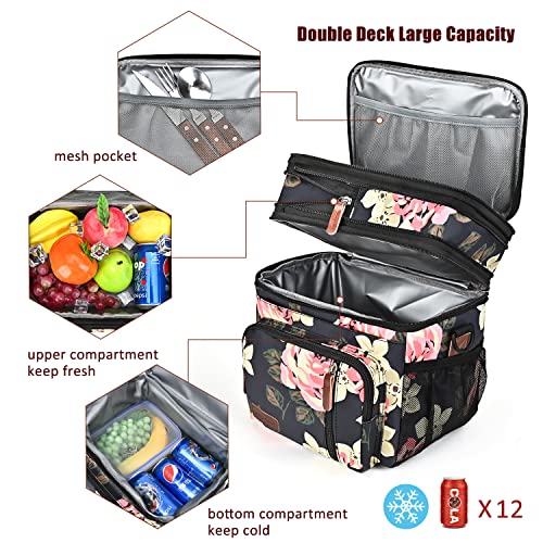MIYCOO Lunch Bag & Lunch Box for Women Men, Double Deck Leakproof Insulated Soft Large Adult Camping Cooler bag for Work, Beach, Picnic, Travel (Flower, 15L) - color: Flower