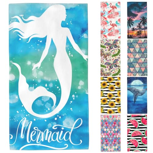 Microfiber Beach Towels,Watercolor Mermaid on Blue Green Sea Water Oversized Absorbent Bath Towels,Soft Quick Dry Thin Camping Towel for Adults Women Men,29.5"×59" - color: Watercolor Mermaid on Blue Green Sea Water
