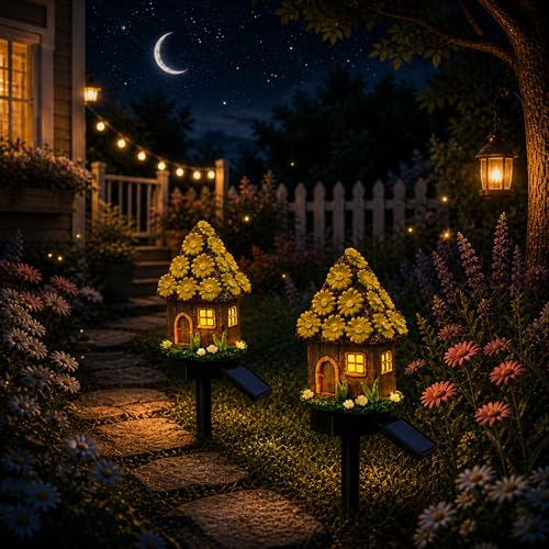 Solar Yellow Daisy Cottage Lights Outdoor, 2 Pack Waterproof Fairy Garden Pathway Lights, Hand-Painted Resin Flower House Decor for Yard Lawn Patio, Gift for Garden Lovers - style: Yellow Floral Fairy Cottage