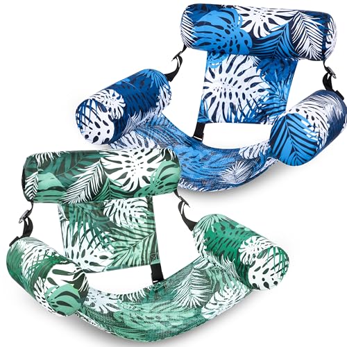 SLOOSH Inflatable Pool Floats Adult,2 Packs Floating Lounge Chairs,Blow up Pool Noodles for Adult Heavy Duty,Floating Chair for Party Summer Water Beach Lake Fun - style: Tropical Leaves-Green,Blue