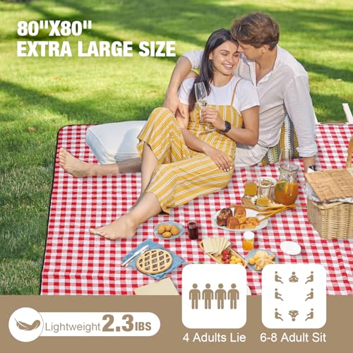 G GOOD GAIN Picnic Blankets Outdoor Extra Large - 80"x80" Portable Waterproof Picnic Blanket, Machine Washable 3-Layer Foldable Park Mat with Sandproof Backing for Grass, Hiking, Travel (Red) - color: Red