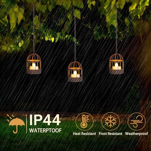 Solar-Hanging-Lanterns-Outdoor-Waterproof, Rust Birdcage Style Candle Holders with Flickering Solar Tea Lights for Backyard Patio Garden Fence Tree Decoration (3)