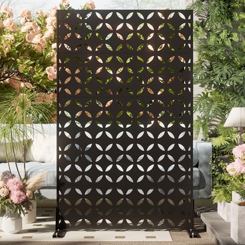 Cofar Metal Privacy Screen Outdoor 72" H×44" W -Black Freestanding Outdoor Privacy Panels with Stand, Decorative Fence for Patio, Deck, Balcony (Clover) - style: 5-Panels Clover_Black