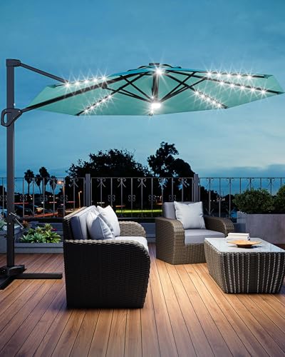 9ft Outdoor Patio Umbrella Heavy Duty 8 Ribs, Waterproof UV Protection Sun Shade with Crank Lift & Push Button Tilt, Outdoor Umbrella for Deck, Pool, Garden, Backyard, Lawn - color: Turquoise Blue&Round-Lights, size: 10FT Roman