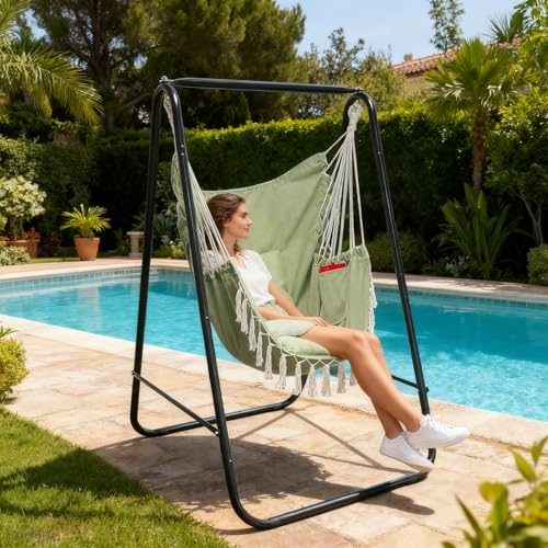 Hammock Chair with Stand,Heavy-Duty Hammock Stand with Large Indoor Swing,MAX Load 500 LBS,Hanging Chair with Stand for Indoor Outdoor,Swing Chair with 2 Cushions Included(Green) - color: Green