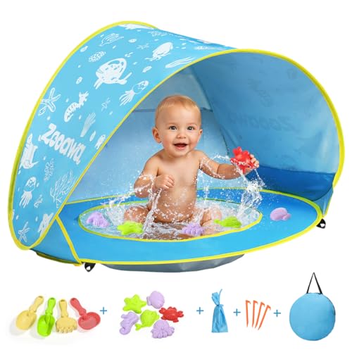 Baby Beach Tent, Pop Up Beach Tent Sun Shade for Beach, Portable Shade Pool UV Protection Sun Shelter for Infant with Beach Sand Toys Set - color: Patterned Blue