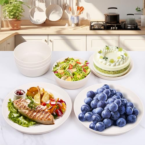 EI 12pcs Wheat Straw Dinnerware Set of 4,Reusable Plastic Plates,Unbreakable Dinner Plates,Deep Dinner Hard Premium Plastic Plate,Microwave Dishwasher Safe for Camping,Picninc,Family Dinner - color: Beige Wheat Straw Plates and Bowls