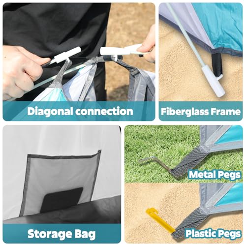 Chihee Pop-Up Beach Tent for 1-2 Person UV Protection Silver Coated Fabric Portable Sun Shelter,Crossed Fiberglass Poles Windproof Sandbags Ropes Pegs, Lightweight Instant Setup Beach Outdoor Shade