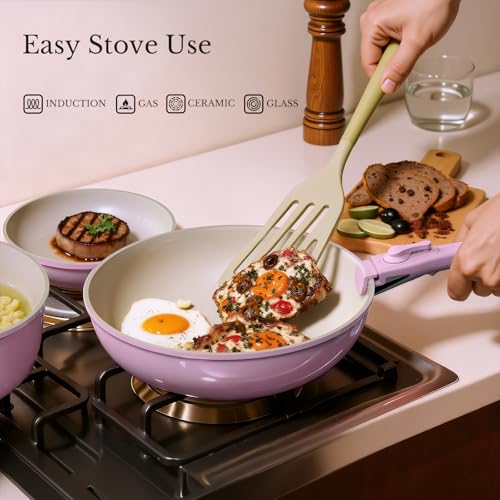 Pots and Pans Set Non Stick, Ceramic Cookware Set Detachable Handle, RV Camping Kitchen Cooking Set Removable Handles, Dishwasher/Oven/Fridge Safe, Induction, Space Saving，PINK - color: Pink
