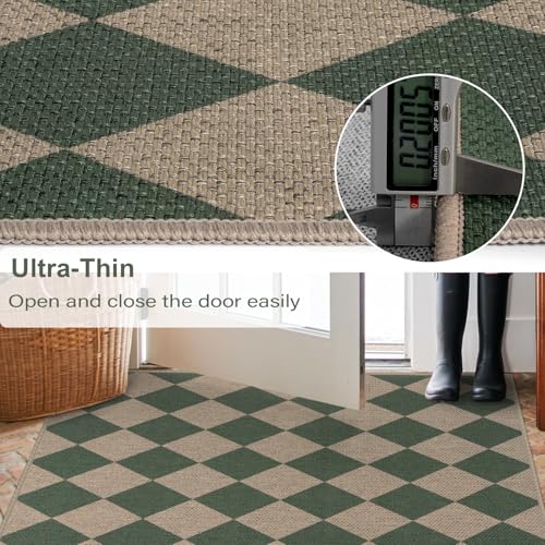 Rugalia Easy Jute Checkered Outdoor Runner Rug, 2.6x8 Green Modern Washable Rugs Runner for Hallway Non-Slip Kitchen Runner Rug, Geometric Diamond Outdoor Carpet for Porch Laundry Entryway - color: Green Checkered, size: 2.6' x 8' (Runner)