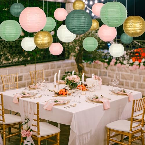 ADLKGG Paper Lanterns Decorative, Hanging Paper Lantern Decorations for Valentines Day Decorations Graduation Wedding St. Patrick's Day Neutral Baby Shower Home Decor Sage Green/Pink/Gold 21pcs - color: Pink green and white and gold