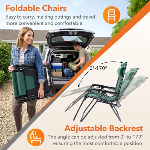 Sweetcrispy Zero Gravity Chairs, Foldable Patio Reclining Chairs with Adjustable Pillow & Cup Holder, Oversized Portable Support 400 lbs, for Backyard Camping(Black-Green) - color: Padded Black-green