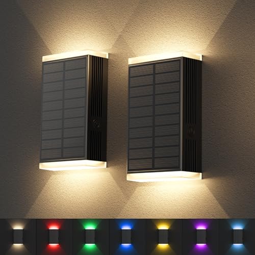 Solar Lights Outdoor,8 Lighting Modes Dusk to Dawn Lighting Wall Sconce IP67 Waterproof Up and Down Solar Wall Light Front Door Light for House, Garage, Porch,Doorway,Fence,Festival Decor (2 PACK) - color: RGB & Warm White