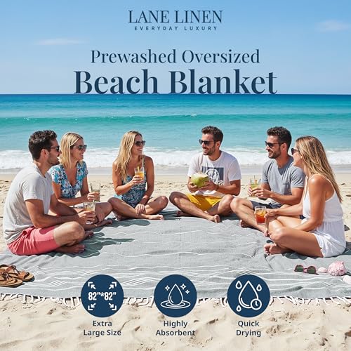 LANE LINEN Oversized Beach Towel - Large Outdoor Blanket with Soft Pre-Washed Finish – 82"x82", Ideal for Coastal Getaways, Backyard Lounging, Beach Party or Seaside Adventures – Grey - color: 10: Grey, size: Beach Blanket (80" x 80")