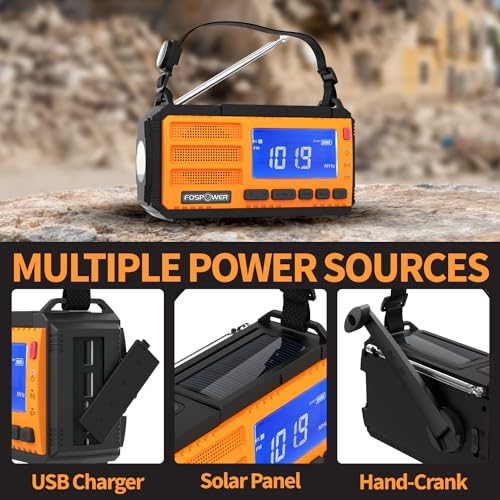 FosPower NOAA Emergency Weather Radio D8 37000mWh Portable Power Bank, AM/FM, USB/Solar/Hand Crank Charging, SOS Alarm & Flashlight for Indoor/Outdoor Emergency - Orange - color: 08 - Model D8 - Orange