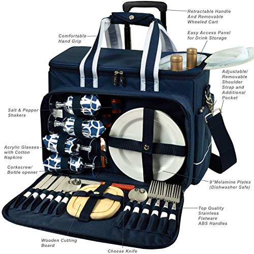 Picnic at Ascot- Original Insulated Picnic Cooler on Wheels with Service for 4- Designed & Assembled in The USA - color: Navy/Trellis Blue