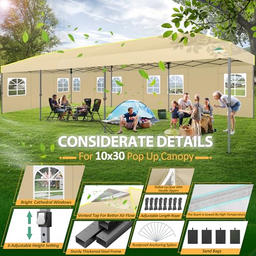 COBIZI 10x30 Pop Up Canopy Tent with Sidewalls 10x30 Party Tent Outdoor for Parties UPF 50+ Windproof Waterproof Gazebo with Air Vent, Wheeled Bag, Sandbag, Stake, Rope,（Khaki - color: Khaki(1-year warranty), size: 10x30
