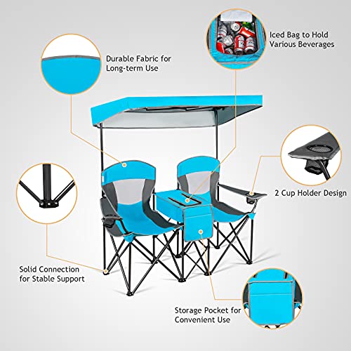 DORTALA Double Camping Chair with Canopy, 2 Person Folding Beach Chair with Canopy Shade, Table Beverage Holder and Storage Bag, Double Rocker Chair Outdoor for Camping, Beach, Picnic, Blue - color: Blue