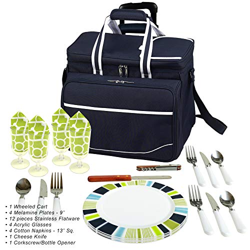 Picnic at Ascot Original Insulated Picnic Cooler with Service for 4 on Wheels-Designed & Assembled in USA - color: Trellis Green