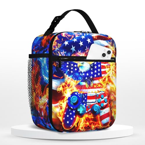 Insulated Lunch Bag for Boys Girls American Eagle Kids Boys Lunch Box for School Reusable LunchBag for School Work Office Travel Picnic Hiking Beach Portable Video Game Lunchbox with Adjustable Strap - color: Eagle game