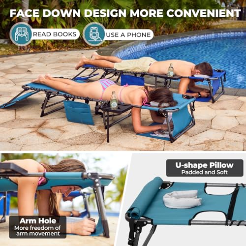 FUNDANGO 4 in 1 Tanning Chair with Face Hole, Beach Lounge Chair w/Canopy Shade & Side Table Chaise Lounge Chairs for Patio, Pool, Lawn, Sunbathing, 5-Position Adjustable Sun Lounger, Cyan - color: #Ucp 1 Pack Cyan, style: UltimateComfort Pro 5 Position C