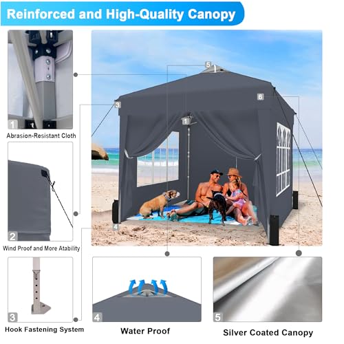 SANWAY 6.6x6.6 Pop Up Canopy Tent with Sidewalls x 4 – Easy Setup Canopy Tent, Waterproof, UV-Resistant, Portable with Carry Bag for Outdoor Events, Camping, and Backyard Parties –Gray