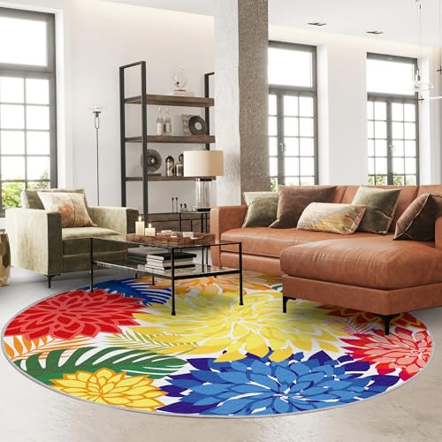 Colorful 6FT Outdoor Round Area Rug Washable Rugs Multicolored Patio Rug Tropical Botanical Floral Chenille Waterproof Outdoor Carpet for RV, Pool Deck, Backyard, Porch, Rainbow - color: Multi Colored, size: 6' (Round)