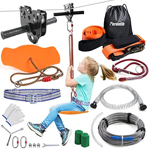 Perantlb Zipline for Backyard Kids and Adults,Zipline Kits for Backyard with 100ft Cable,6ft Zipline Spring Brake and Belt,Zip line Trolley with Handle,seat and Bag - size: 100ft