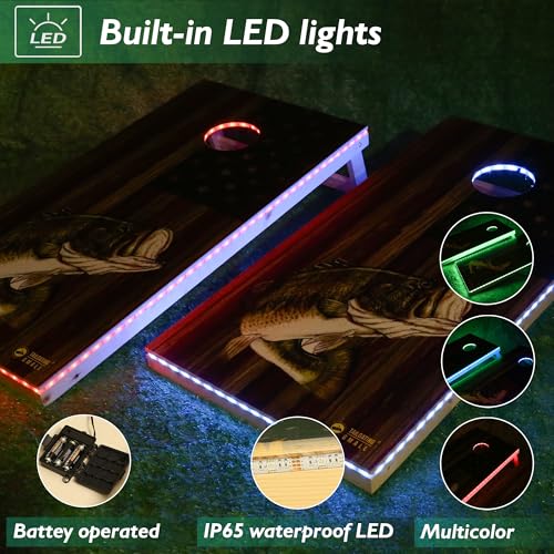 LED Cornhole Board Set 4FTx2FT Solid Wood Regulation Size Cornhole Set with LED Lights Includes 8 Cornhole Bags for Adults (USA Flag & Fish, 4'x2')