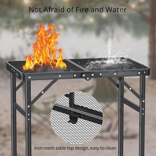 Anbte 2ft Folding Grill Table Max 29.5", 3 Adjustable Height Lightweight Camping Table with Heat-Resistant Mesh Tabletop Portable Handle, Waterproof, for Cooking BBQ Outdoor, 22.8" X 16", Black - size: 24"L x 16"W x 29.5H"