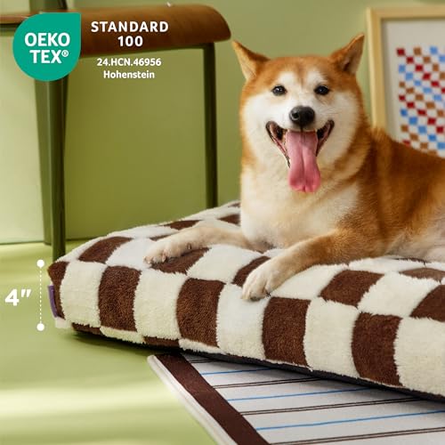 LE SURE Dog Beds Medium Size-Thick Shredded Chopped Foam Pet Bed as Gift for Indoor with Removable Cover, Cute Modern Fuzzy Plush & Anti Slip Bottom, Brown - color: Brown Checks, size: 30.0"L x 20.0"W x 4.0"Th