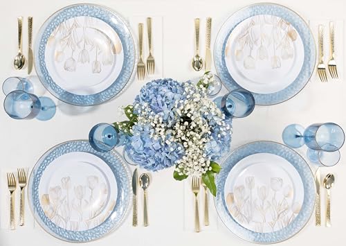 PLASTICPRO 32 Pack Elegant Disposable Plastic Plates Combo Set Includes 16 Dinner Plates and 16 Salad Plates Heavy Duty Fancy Party Plates White & Gold Tulip Design - color: White & Gold Tulip Design