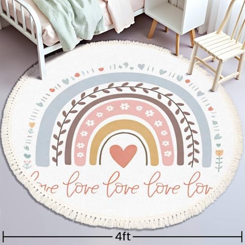 Round Boho Rug with Cute Childish Illustrations - Abstract Full Color Striped Arc in Area Rug - Linen Rug Carpet Patio Hallway Runner Mat Pad - Minimalist Home Decor for Living Room Outdoor - color: Multi1, size: 4' (Round)