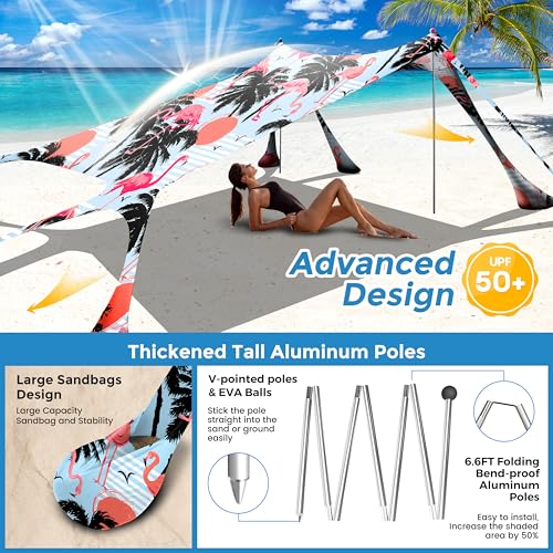 Beach Canopy Beach Tent Pop Up Shade 10x10ft Sun Shelter UPF50+ with 8 Sandbags-2 Sand Shovel-4 Aluminum Poles-Ground Pegs-Portable Carrying Bag for Outdoor Family Camping Fishing Yard Picnic - color: Flamingos